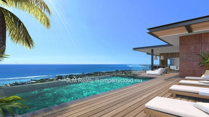 Exceptional villa nestled in a prestigious estate on the mountainside with sea views in Tamarin, Mauritius.